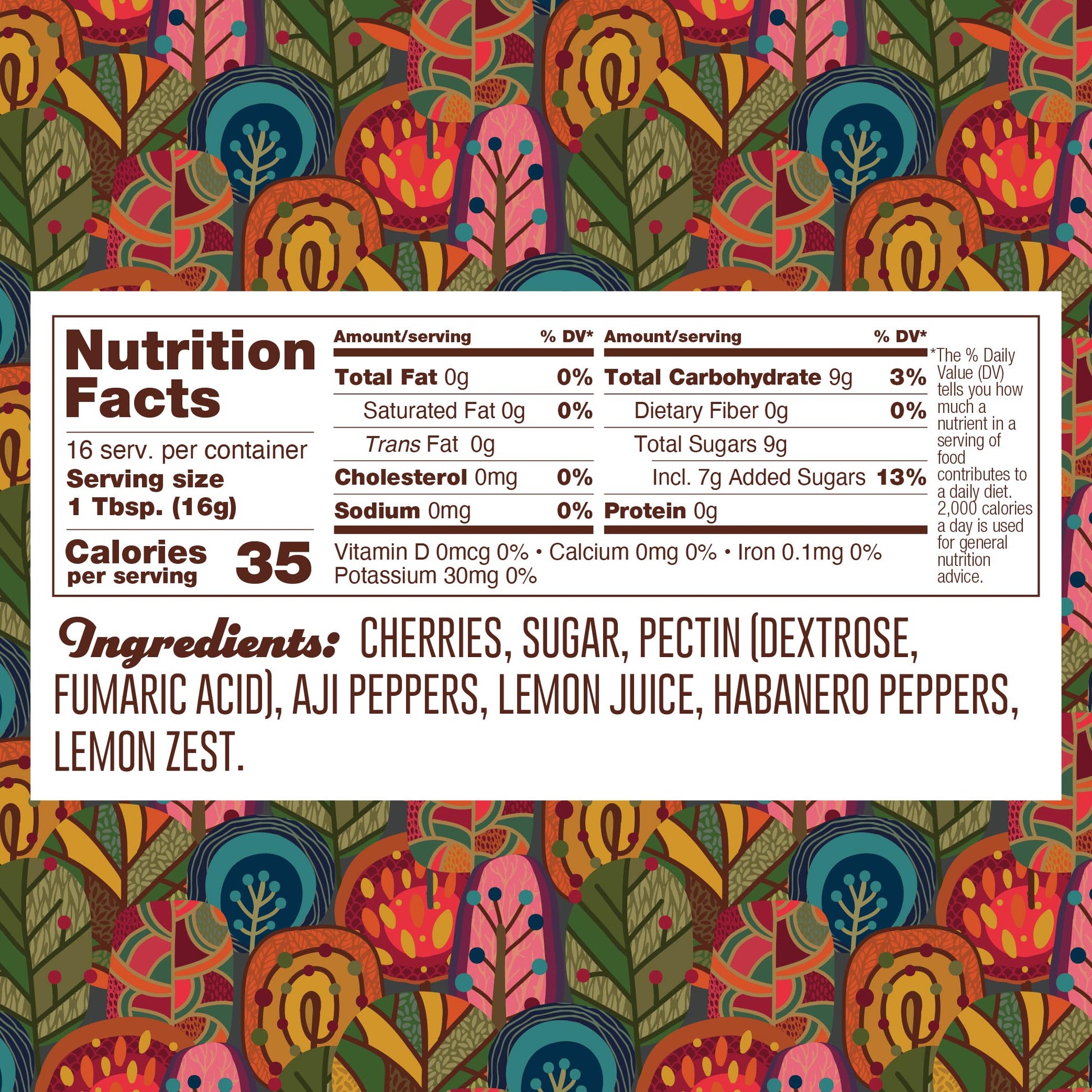 Ingredients: cherries, sugar, pectin (pectin dextrose, fumaric acid), aji peppers, lemon juice, habanero peppers, lemon zest.