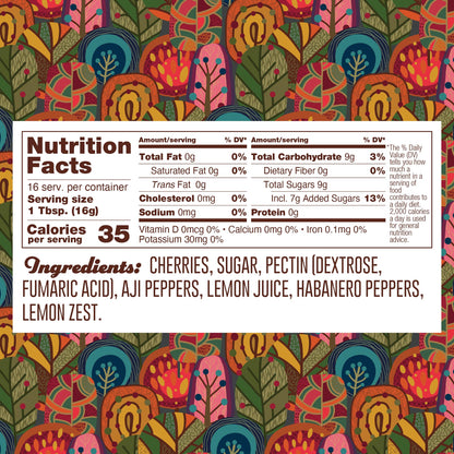Ingredients: cherries, sugar, pectin (pectin dextrose, fumaric acid), aji peppers, lemon juice, habanero peppers, lemon zest.