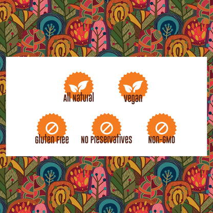 Two rows of icons on a background of brightly colored, stylized trees.

Top row: an orange medal, with two white leaves in the middle, labeled “all natural.” A second orange medal, with two white leaves in the middle, labeled “vegan.”

Bottom row: three orange medals, each with a white prohibition sign in the center. From left to right, icons are labeled “gluten free,” “no preservatives,” “non-gmo.”